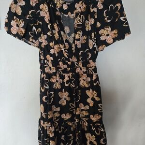 Anthropologie Black Floral Mini Dress with Peach and Cream Accents